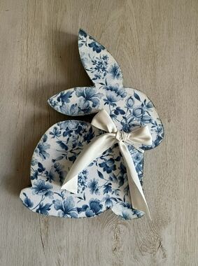 Handmade Blue Fabric Bunny Décor with Cream Bow